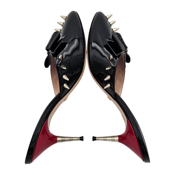 Gucci GG Bow Sadie Mid Heel Mule Spike Black Patent Leather Size 38 US 8 - Picture 8 of 13